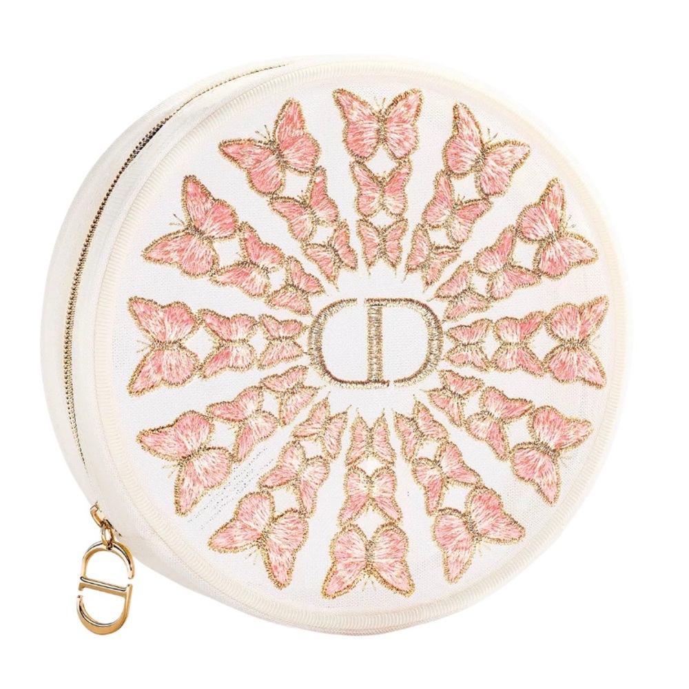 NWT Dior Embroidered Butterfly Round Mesh Cosmetic Pouch in Cream & Pink - Picture 7 of 7